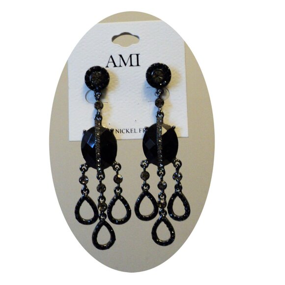 NEW AMI Black Onyx Long Drop Gray Crystal Dangle Earrings Women Jewelry Gifts - Picture 4 of 7
